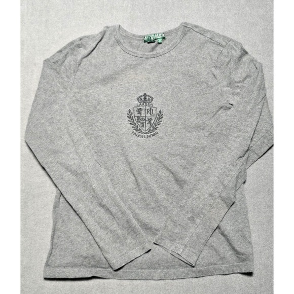 Lauren Active Ralph Lauren Gray Long Sleeve T-Shirt Crest Logo Women's Medium - Picture 1 of 6